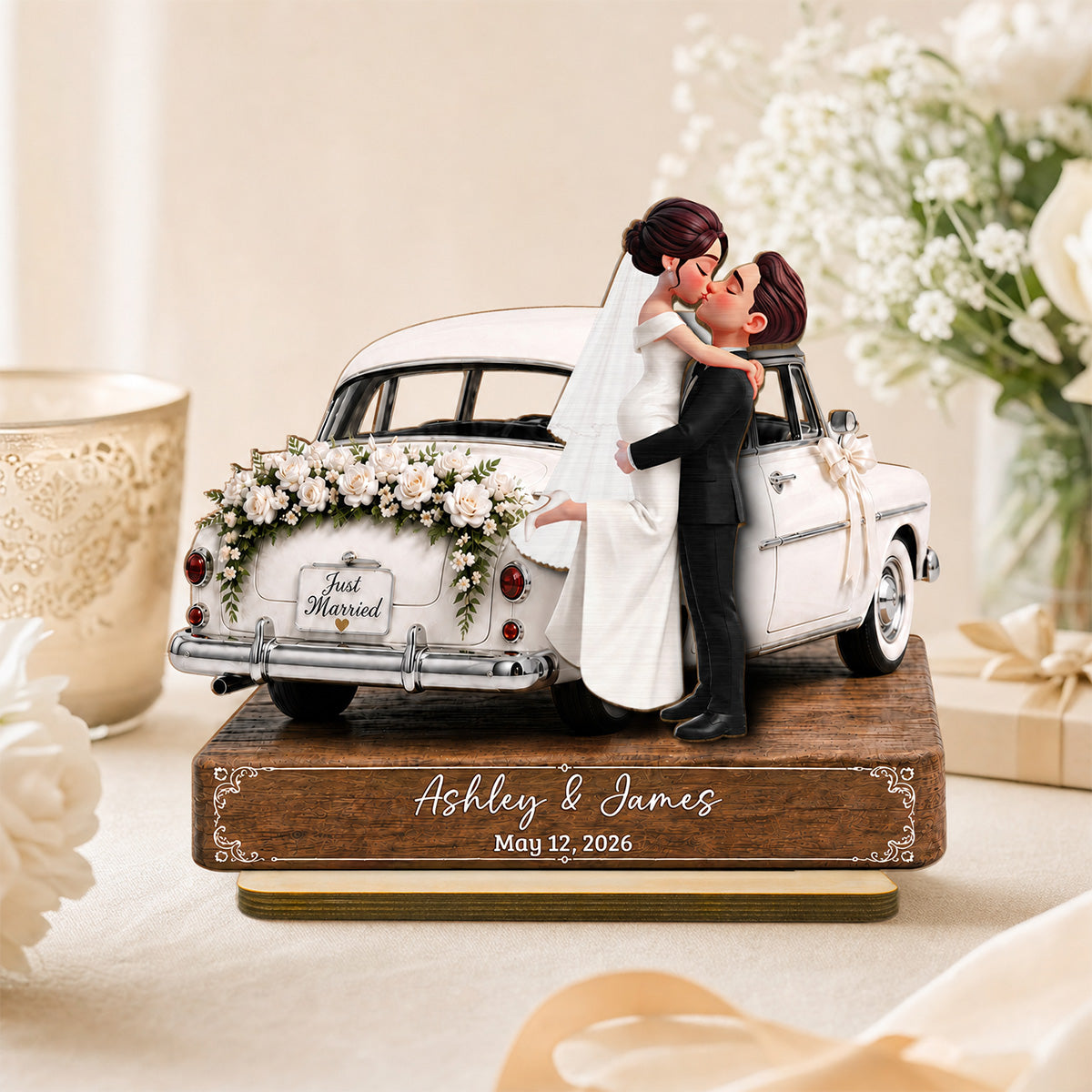 Newlywed Couple Wedding Car 2D Flat - Personalized Wooden Plaque - Wedding Gift Anniversary Gift Newlywed Gift