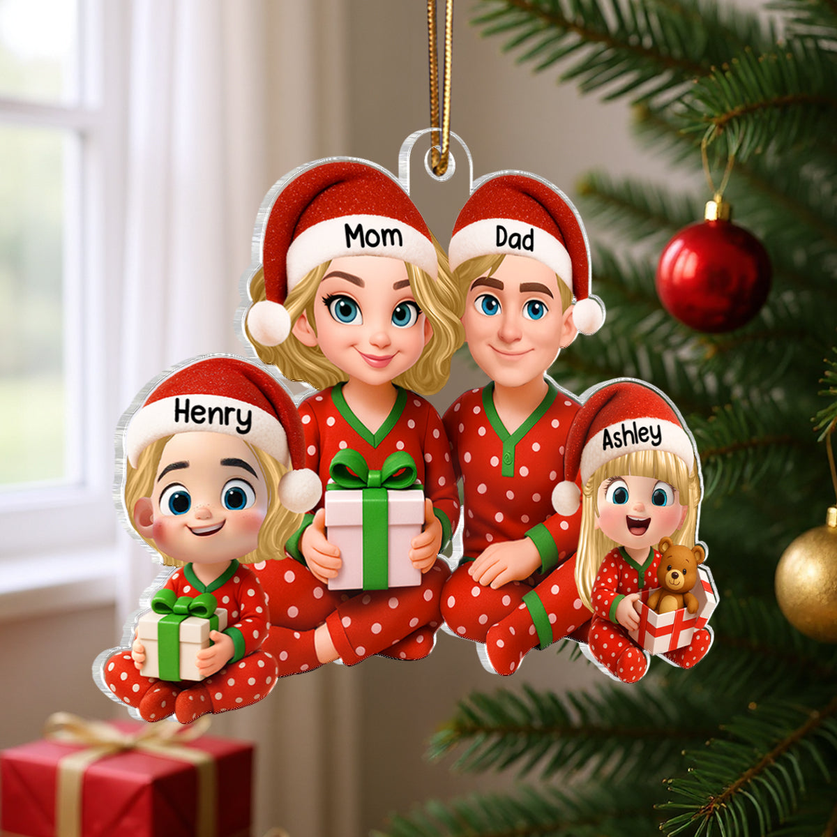 Family Pajama Sitting Personalized Christmas Acrylic Ornament, Gift for Husband, Wife, Children