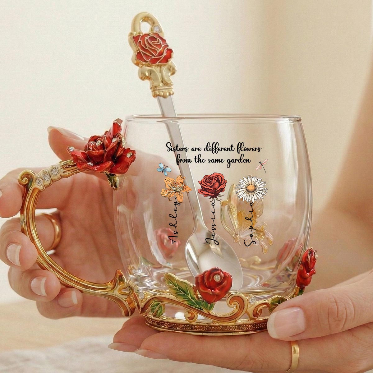 Sisters Are Flowers From Same Garden Custom Birth Month Flowers - Personalized Enamel Flower Tea Cup - Gift For Sisters