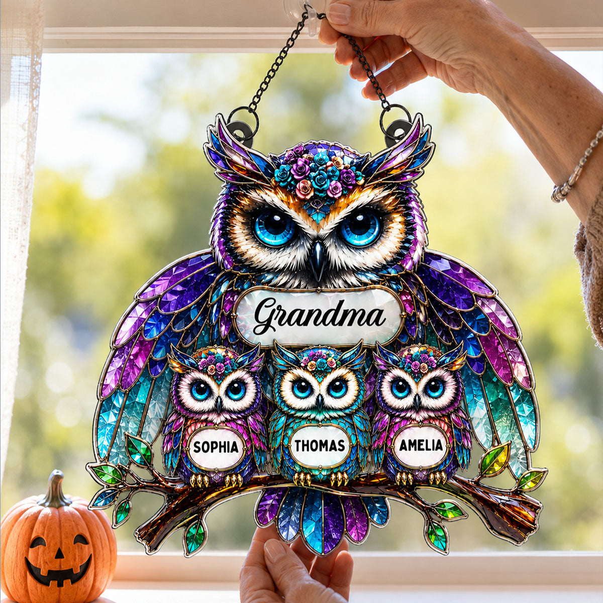 Grandma Owl - Personalized Window Hanging Decor - Halloween Decor for Grandma