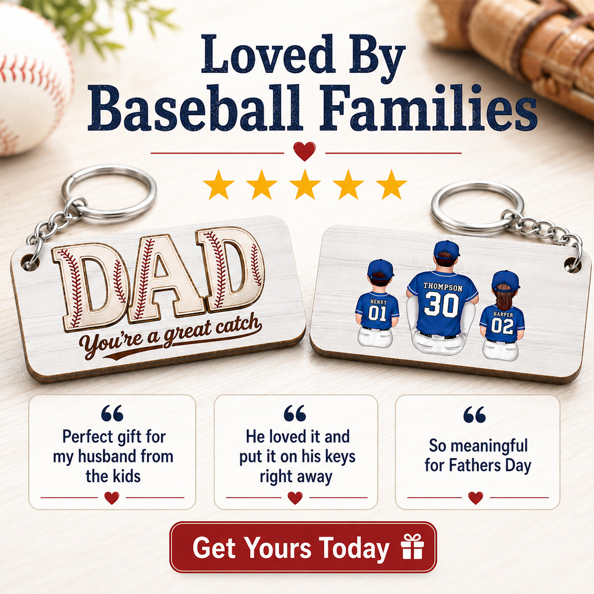 Dad We Love You Baseball Man & Kids Sitting - Personalized Wooden Keychain - Father's Day Gift For Basketball Dad
