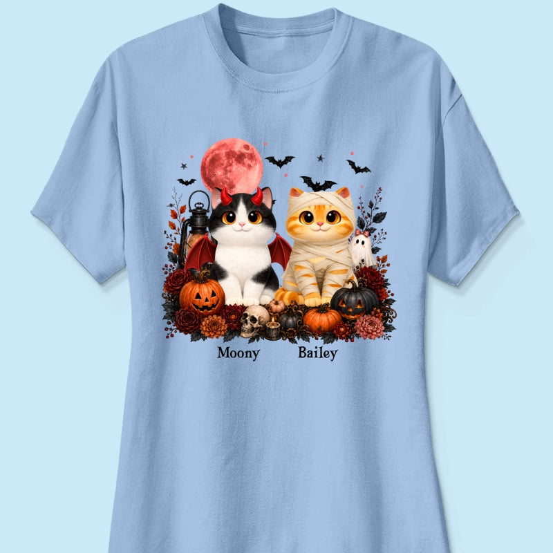 Halloween Floral Pumpkin Cats - Personalized Shirt - Trendy Fall Halloween Tee for Cat Lovers