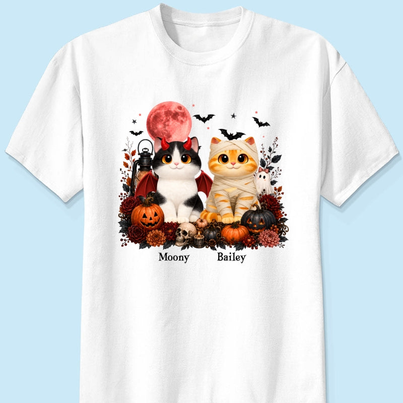 Halloween Floral Pumpkin Cats - Personalized Shirt - Trendy Fall Halloween Tee for Cat Lovers