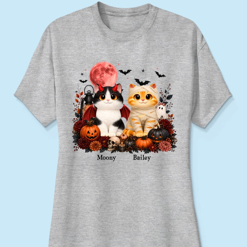 Halloween Floral Pumpkin Cats - Personalized Shirt - Trendy Fall Halloween Tee for Cat Lovers