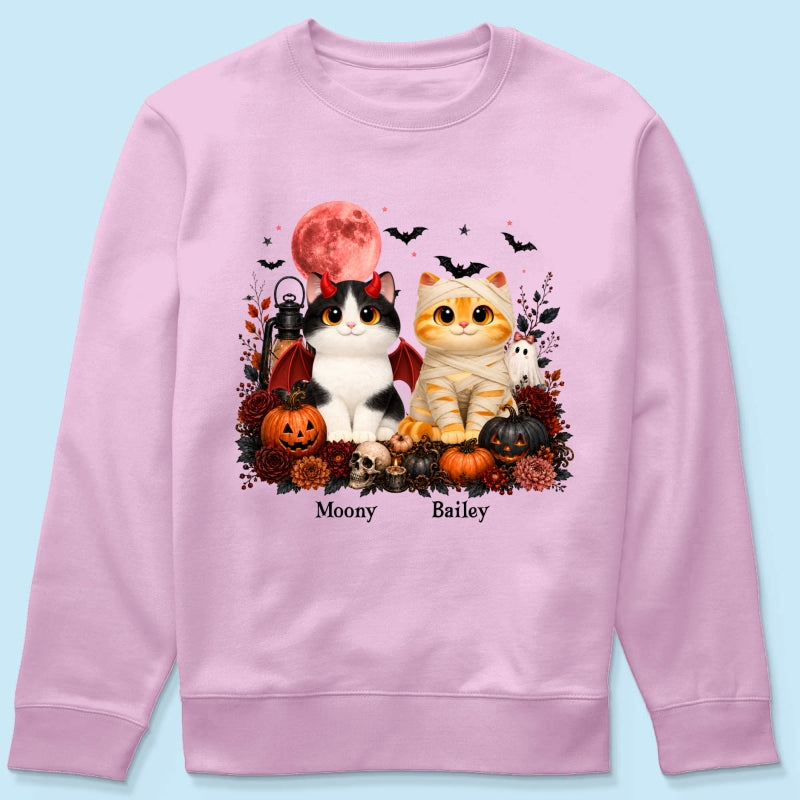 Halloween Floral Pumpkin Cats - Personalized Shirt - Trendy Fall Halloween Tee for Cat Lovers