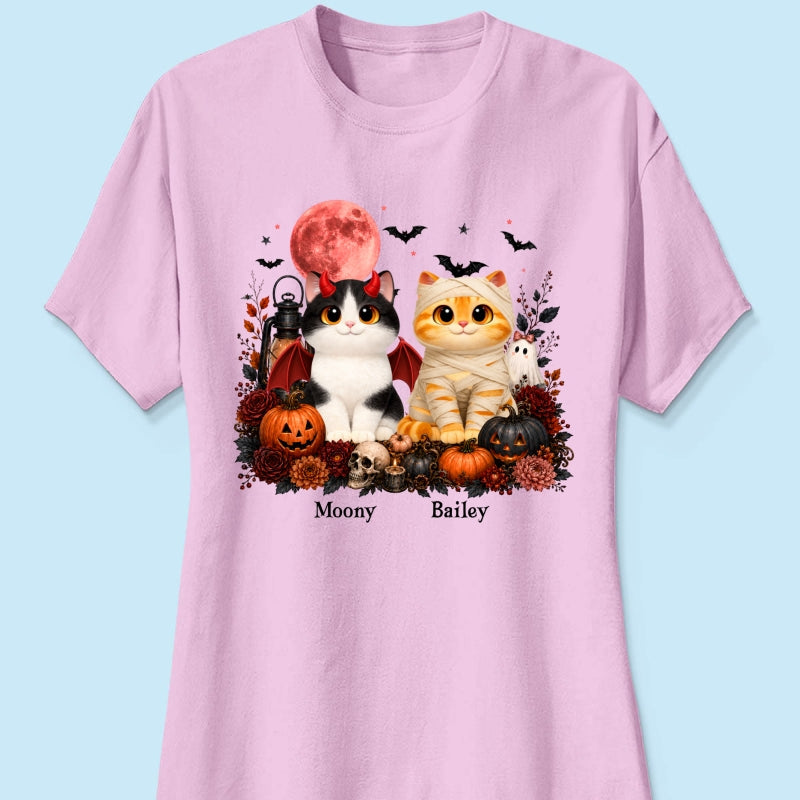 Halloween Floral Pumpkin Cats - Personalized Shirt - Trendy Fall Halloween Tee for Cat Lovers