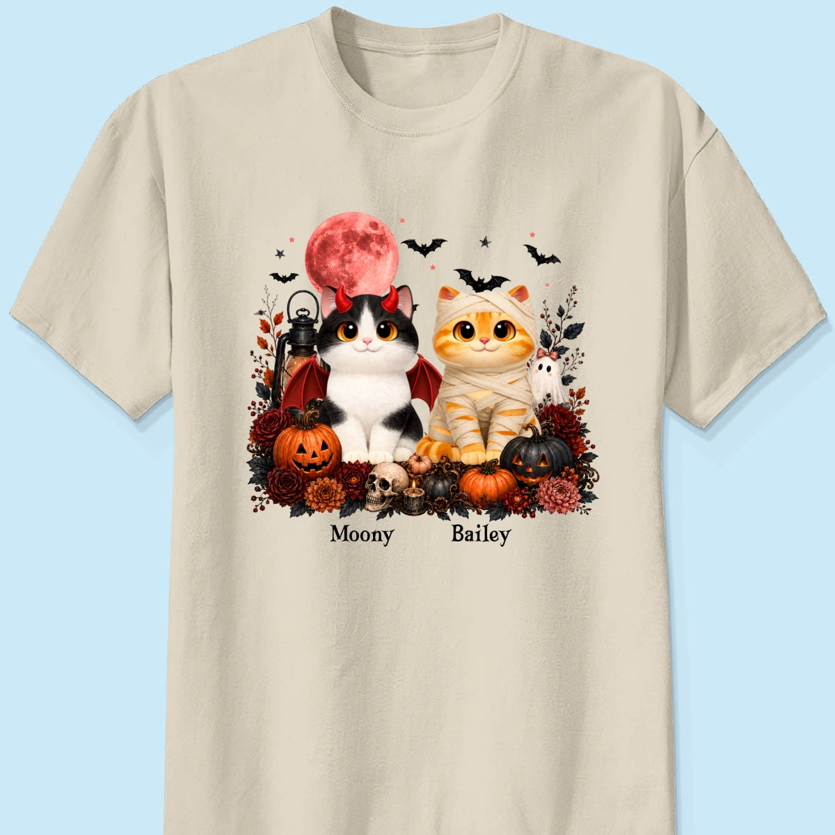 Halloween Floral Pumpkin Cats - Personalized Shirt - Trendy Fall Halloween Tee for Cat Lovers
