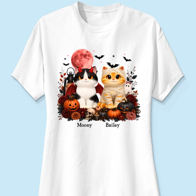 Halloween Floral Pumpkin Cats - Personalized Shirt - Trendy Fall Halloween Tee for Cat Lovers