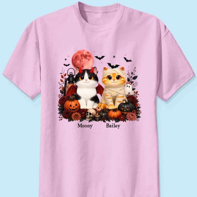 Halloween Floral Pumpkin Cats - Personalized Shirt - Trendy Fall Halloween Tee for Cat Lovers