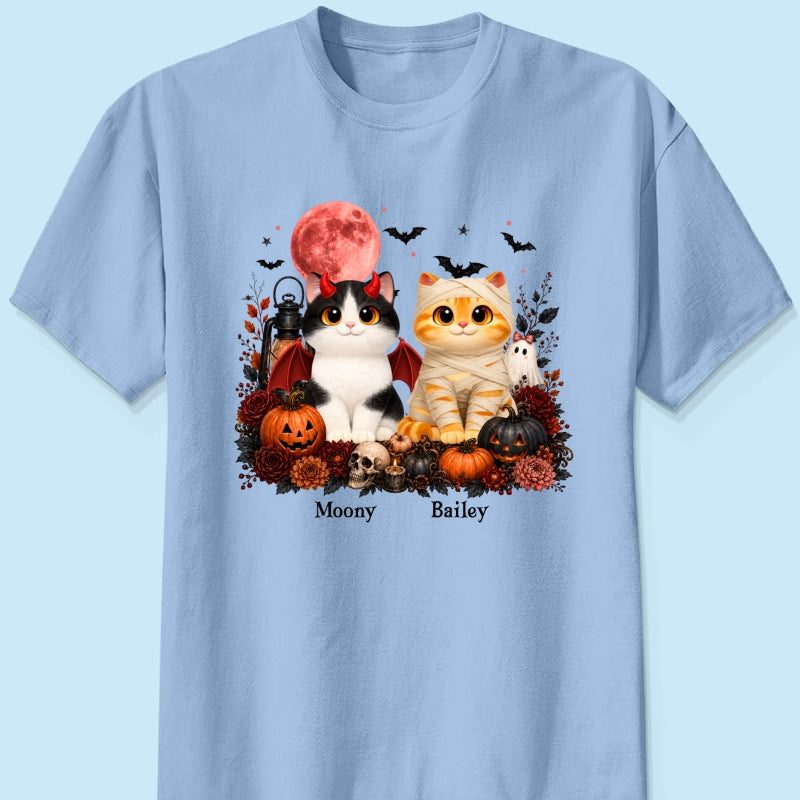 Halloween Floral Pumpkin Cats - Personalized Shirt - Trendy Fall Halloween Tee for Cat Lovers