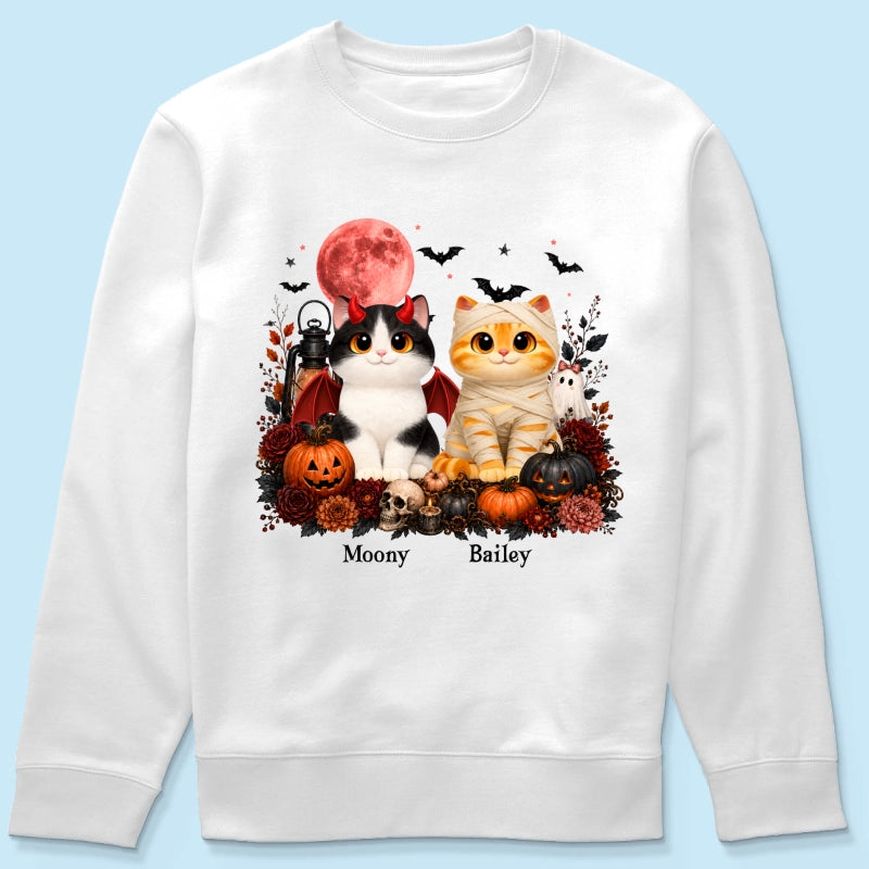 Halloween Floral Pumpkin Cats - Personalized Shirt - Trendy Fall Halloween Tee for Cat Lovers