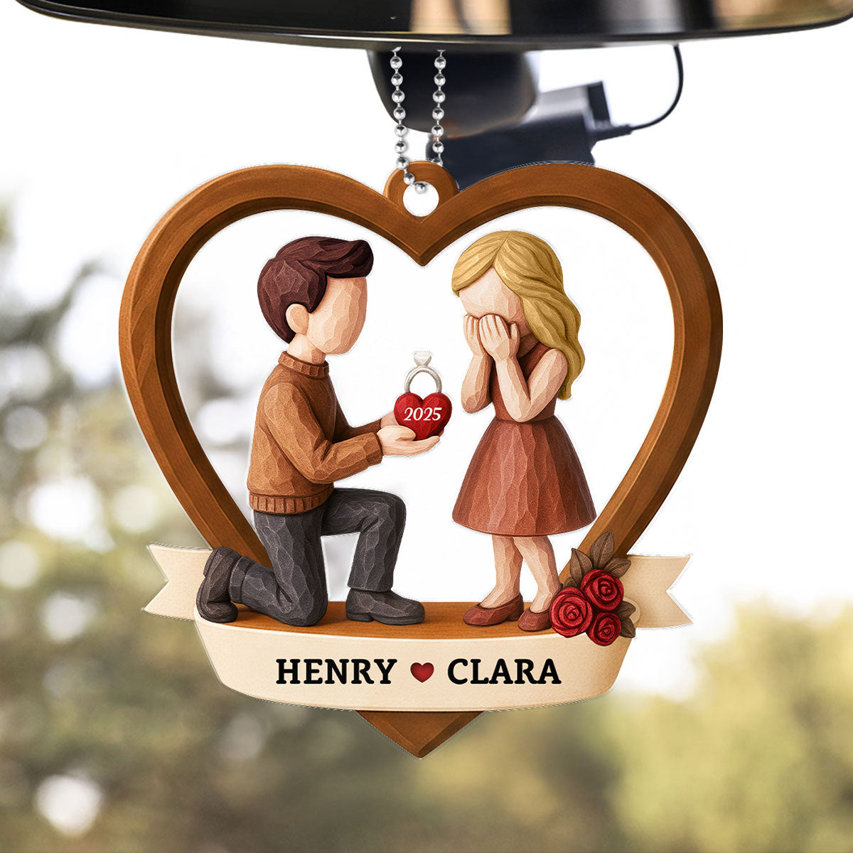 Couple Marriage Proposal 3D Wooden Effect - Personalized Acrylic Car Hanger - Newly Engaged Gift, "She Said Yes!"