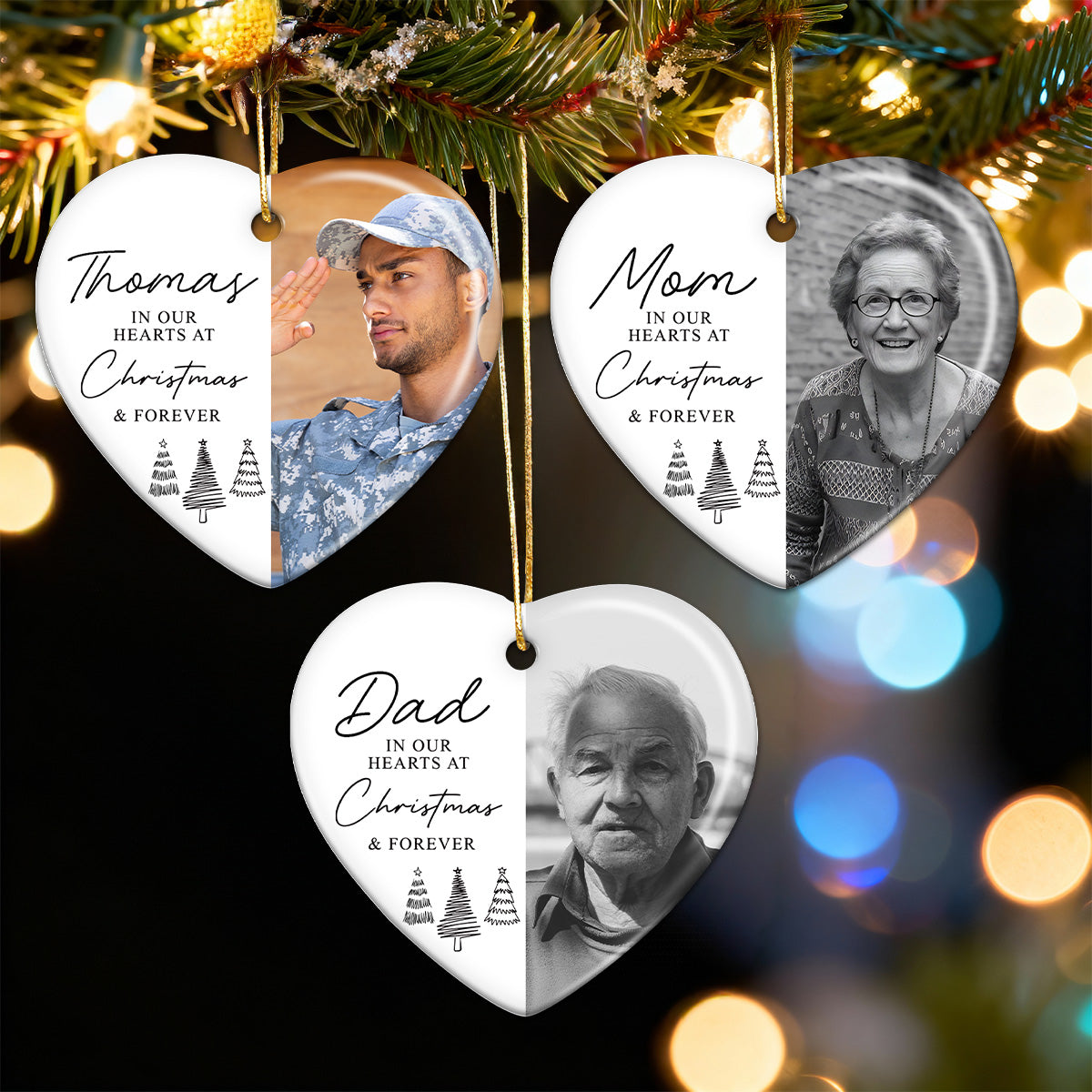 In Our Hearts At Christmas & Forever Custom Photo - Personalized Ceramic Ornament - Remembrance Keepsake, Memorial Gift
