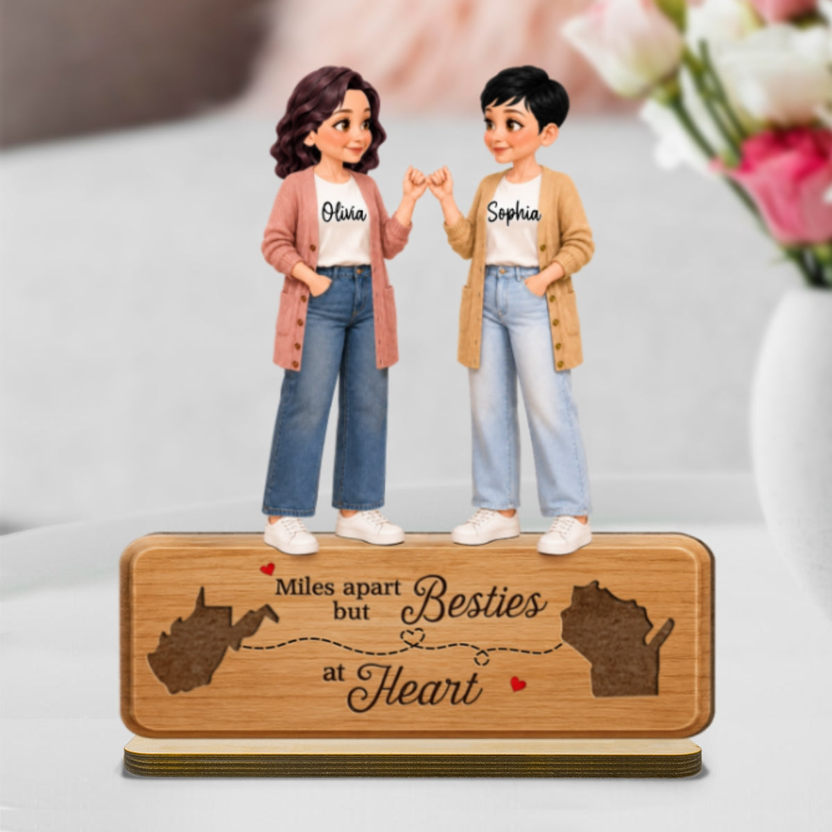 Pretty Besties Pinky Promise Miles Apart Besties At Heart 2D Flat - Personalized 2-Layered Wooden Plaque - Birthday Gift, Long Distance Friendship Gift for Best Friends