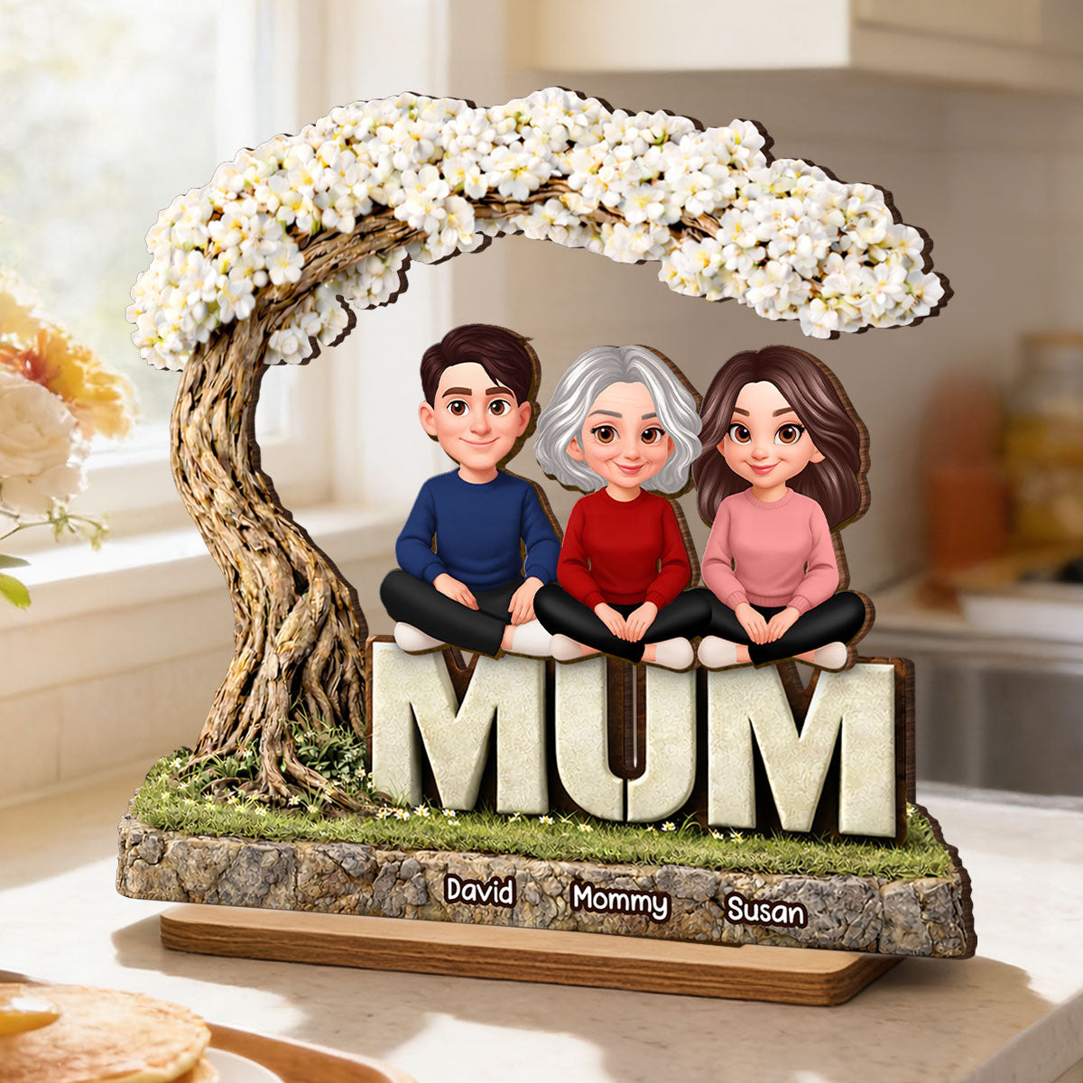 Mom And Her Kids Under The Tree - Personalized 2-Layered Wooden Plaque - Heartfelt Gift For Mom, Grandma