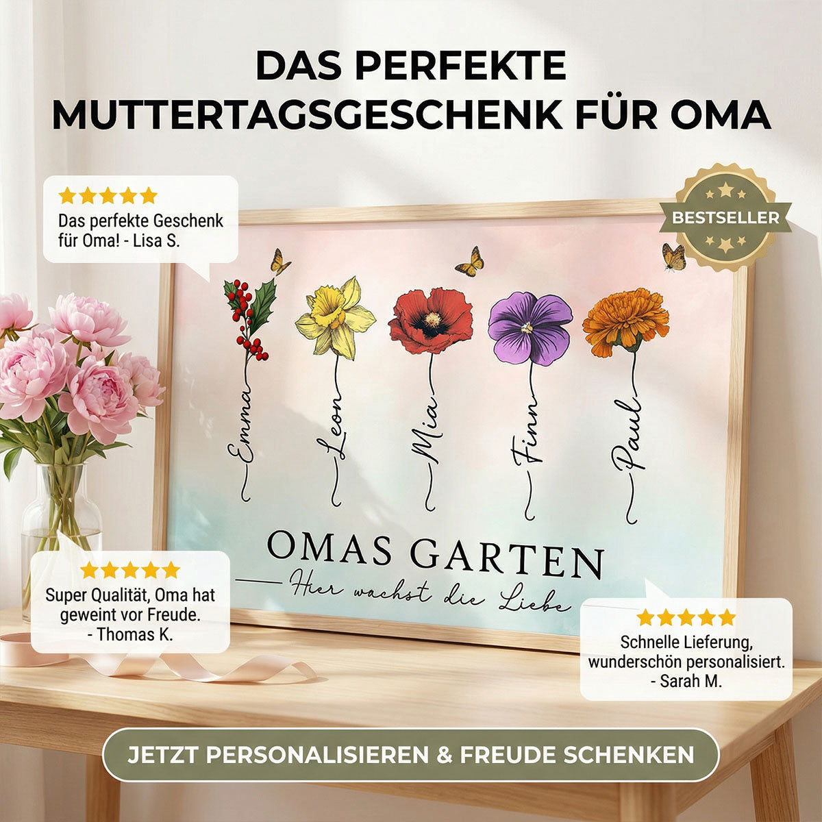 Omas Garten mit Geburtsblumen – Personalisiertes Poster – Muttertagsgeschenk für Oma
