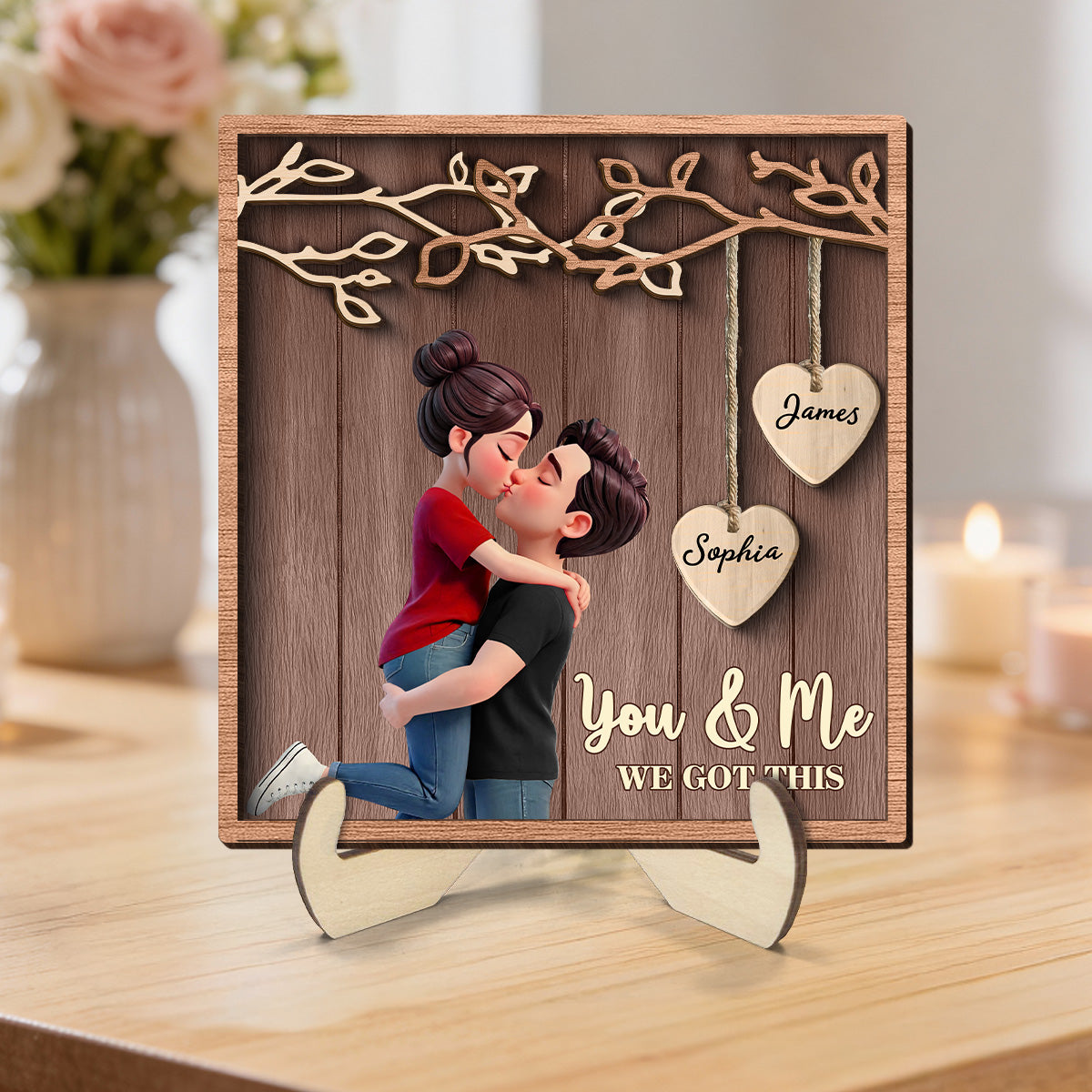 Couple Hugging Kissing Under Eternal Tree Of Love - Personalized 2-Layered Wooden Plaque - Gift For Couple