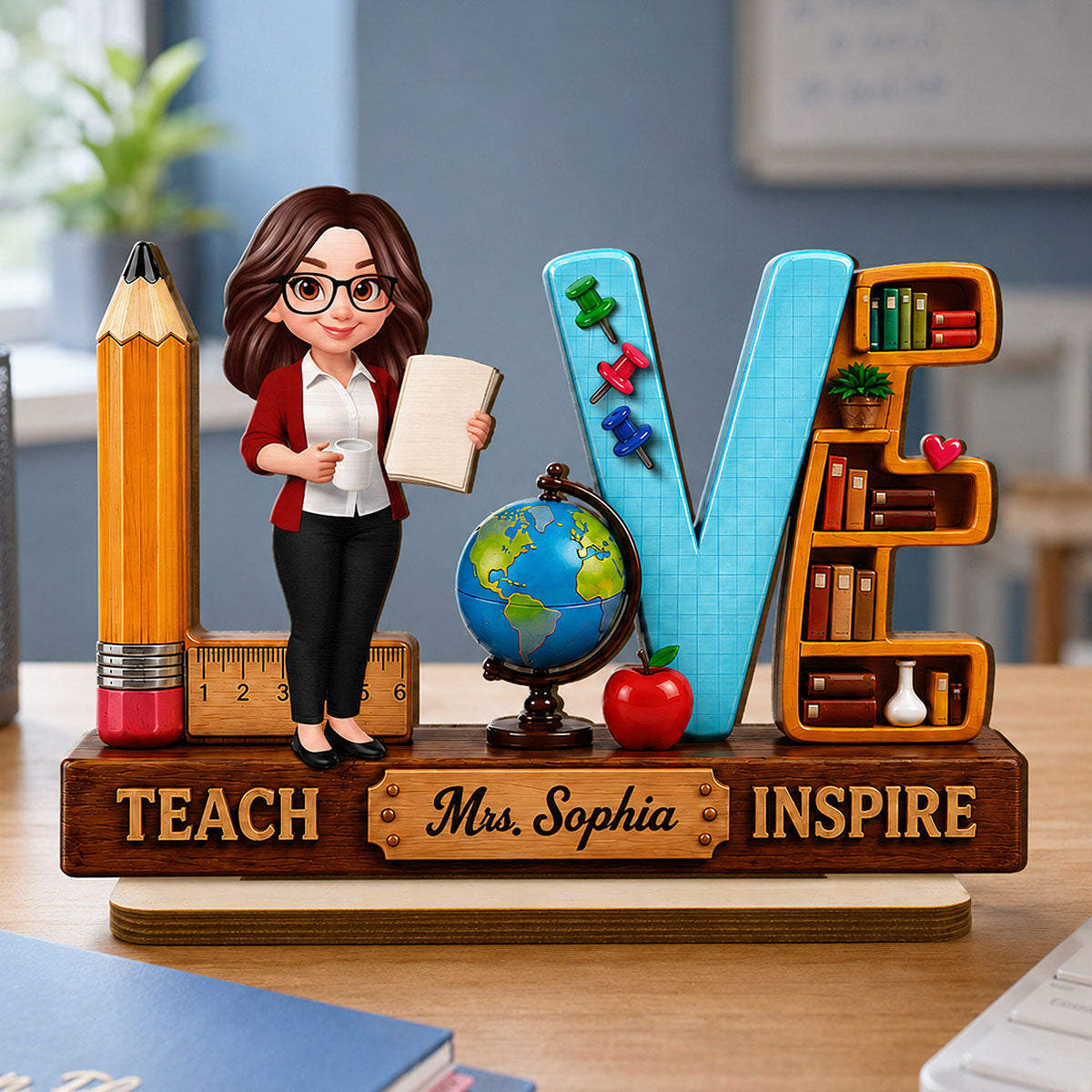 Teach Love Inspired Teacher 2D Flat - Personalized Wooden Desk Plaque