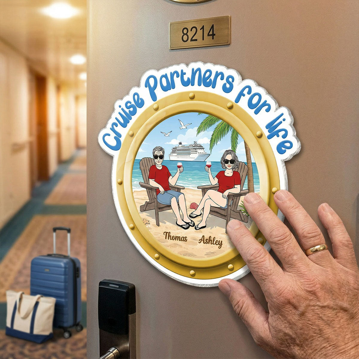 Cruise Partners For Life Porthole Old Couple Sitting On The Beach - Personalized Cruise Ship Door Magnet