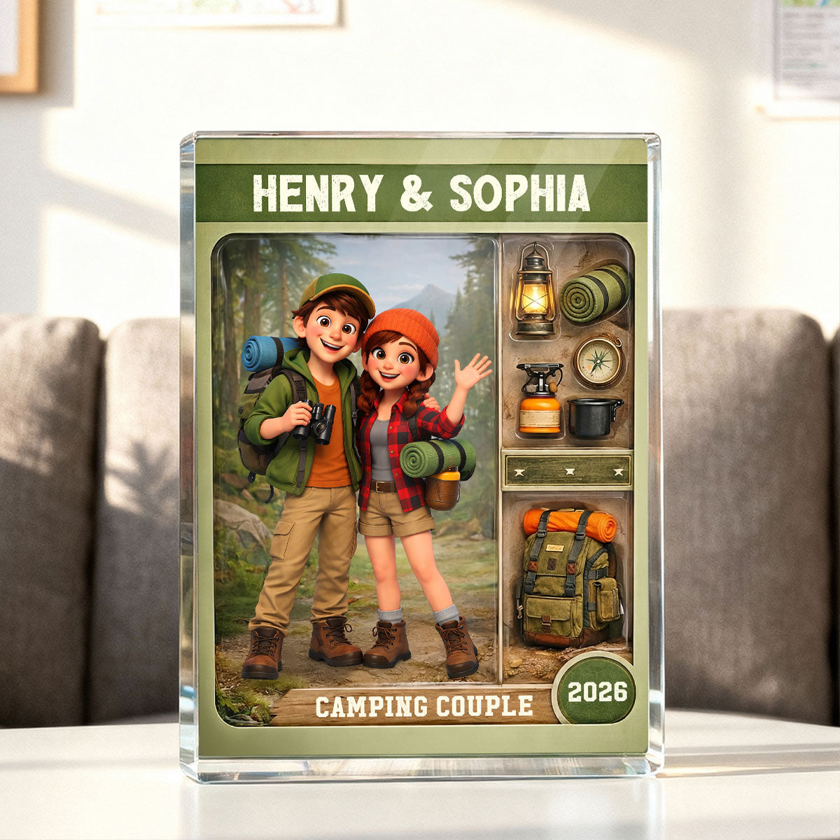 Camping Couple Action Figure - Personalized Acrylic Block Plaque - Anniversary, Valentine's Day Gift, Gift For Him, Gift For Her