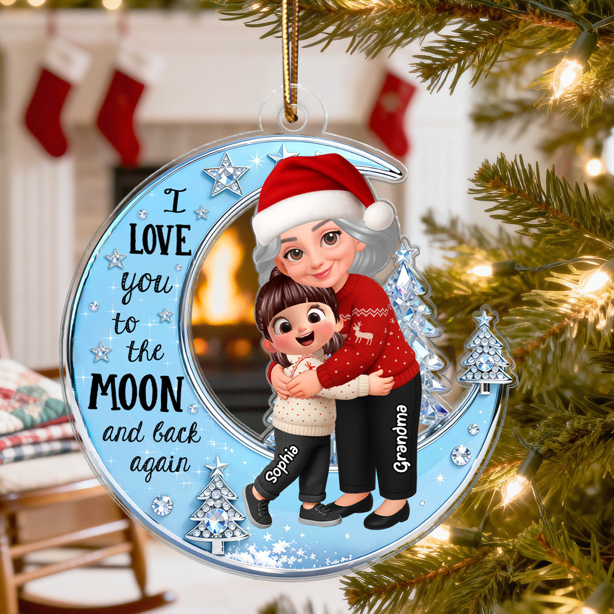 3D Shining Effect Grandma Grandkid On Moon - Personalized Acrylic Ornament - Gift For Granddaughter, Grandson