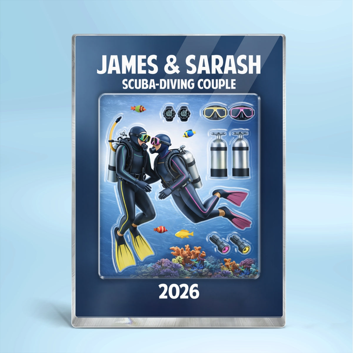Scuba-Diving Couple Ocean Lover - Personalized Acrylic Block Plaque - Anniversary, Valentine's Day Gift, Gift For Him, Gift For Her