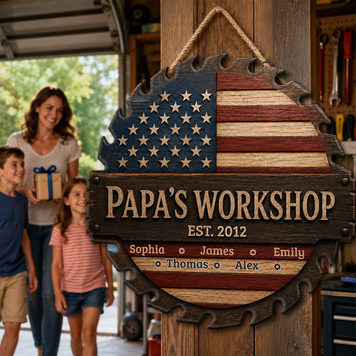 Dad Grandpa Workshop Nation Flag Theme - Personalized Wooden Garage Sign - Father's Day Gift For Patriotic Mechanic Dad, Grandpa