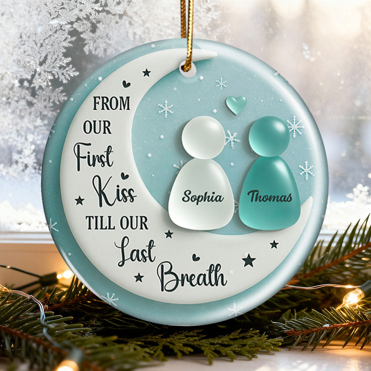 3D Sea Glass Effect Couple On Moon - Personalized Ceramic Ornament With Acrylic Pieces