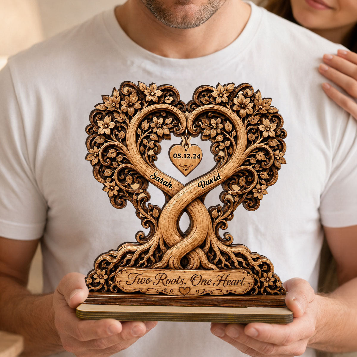 Two Roots One Heart Couple - Personalized 2-Layered Wooden Plaque - Heartfelt Anniversary Gift for Her, for Him