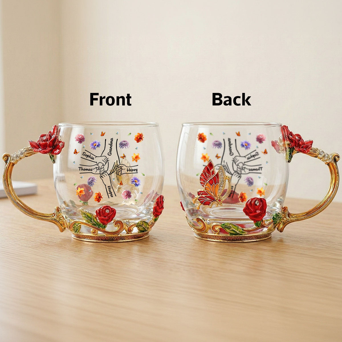 Grandma Mom Holding Kids Hands Birth Month Flowers - Personalized Enamel Flower Tea Cup - Gift For Grandma, Mom