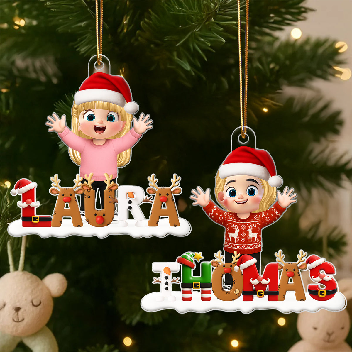 Happy Kid Christmas Iconic Name - Personalized Acrylic Ornament - Christmas Gift for Kid, Grandkids
