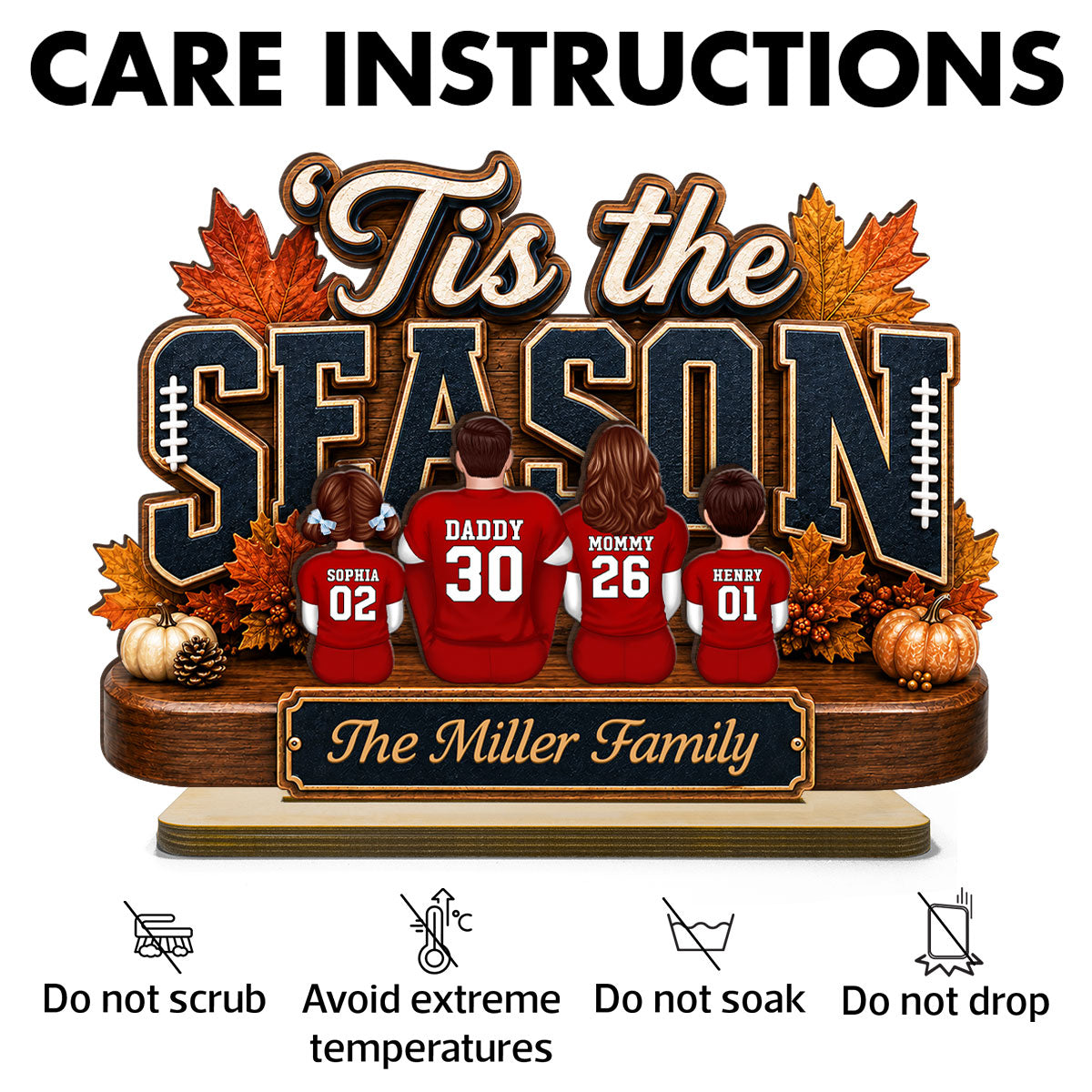 Tis the Football Season - Personalized 2-Layered Wooden Plaque - Family Fall Decor