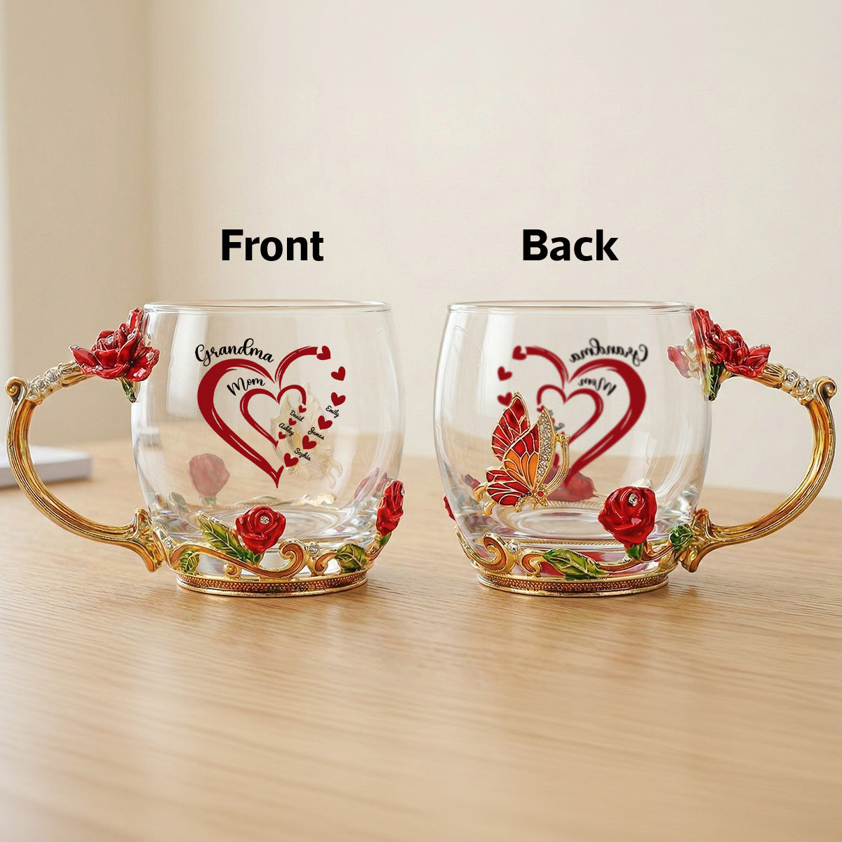 Grandma Mom Heart Custom Kids Names - Personalized Enamel Flower Tea Cup - Gift For Grandma, Mom