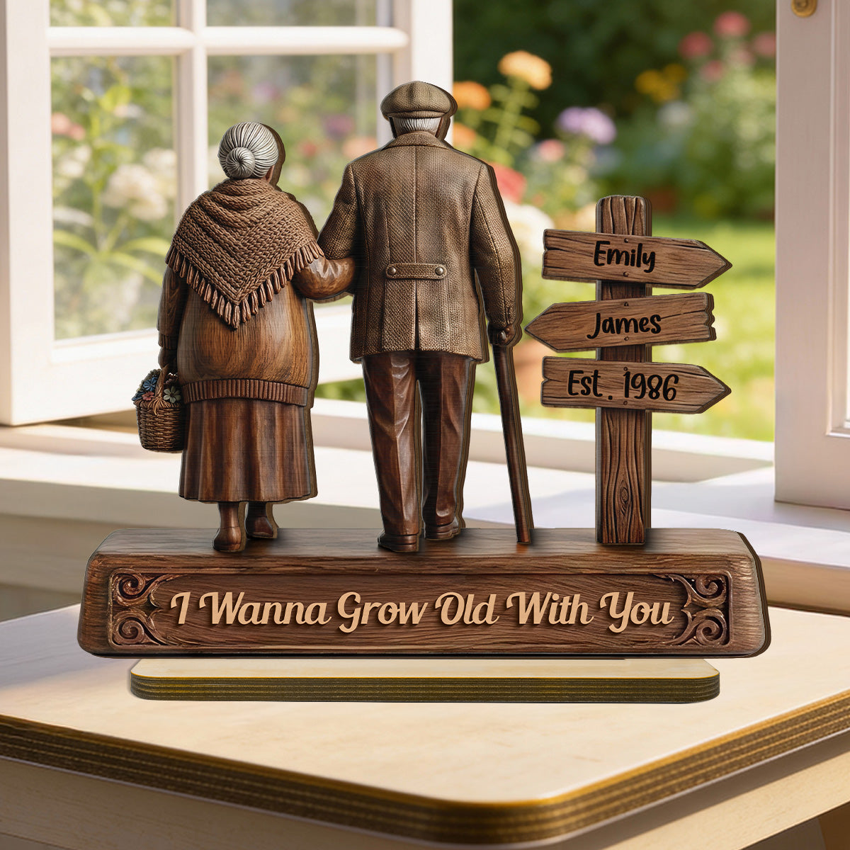 Old Couple Walking Side By Side Sign Post 2D Flat - Personalized 2-Layered Wooden Plaque