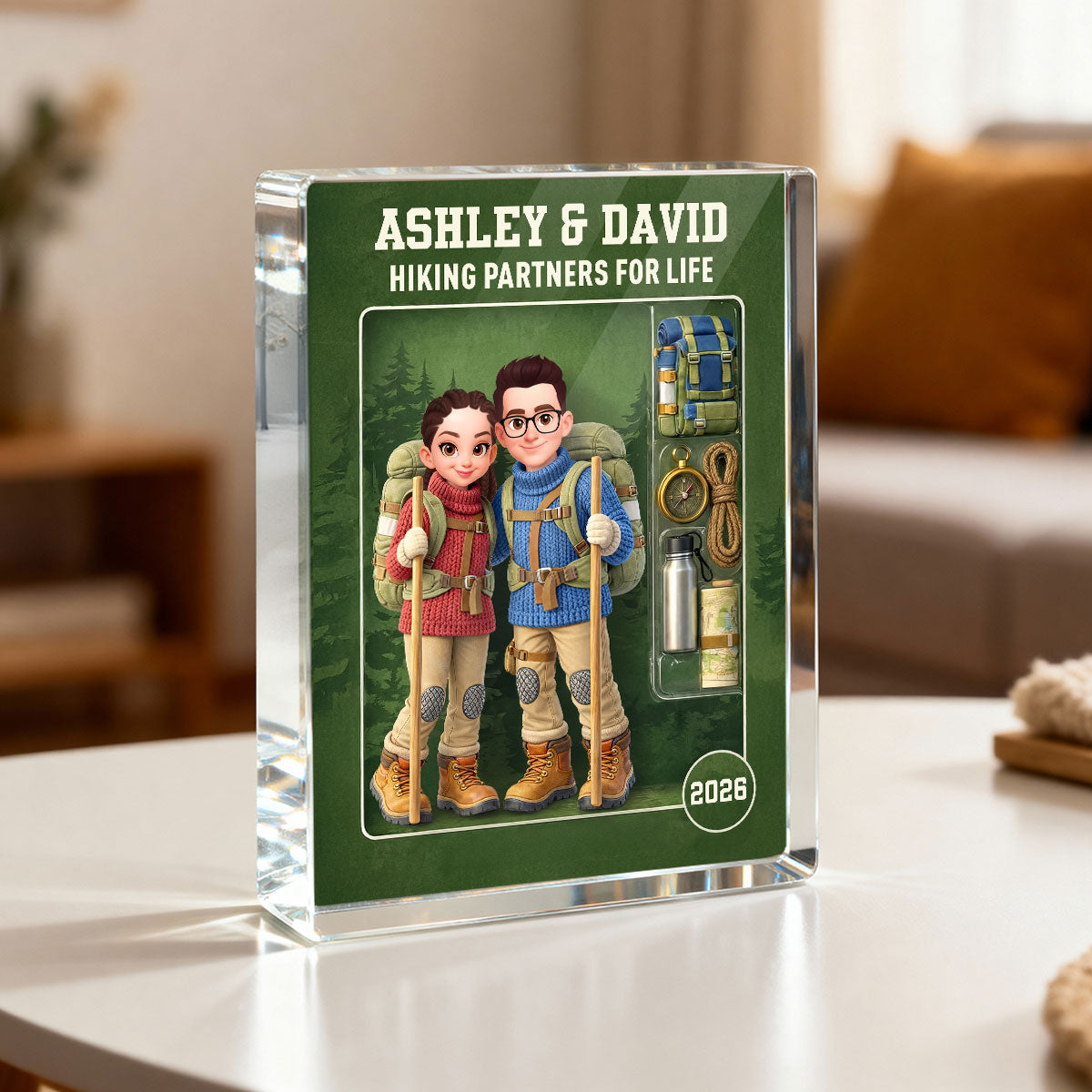 Hiking Couple Action Figure - Personalized Acrylic Block Plaque - Anniversary, Valentine's Day Gift, Gift For Him, Gift For Her