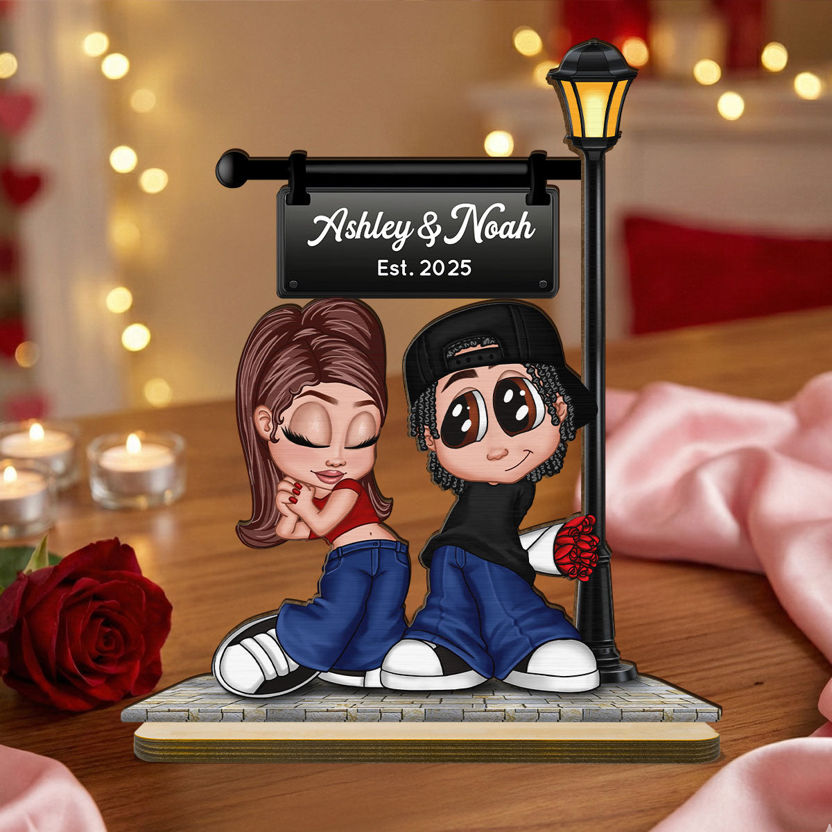 Eternal Love Y2K Couple Under Street Lamp Post - Personalized 2-Layer Wooden Plaque - Gift For Couple, Gift For Him, For Her
