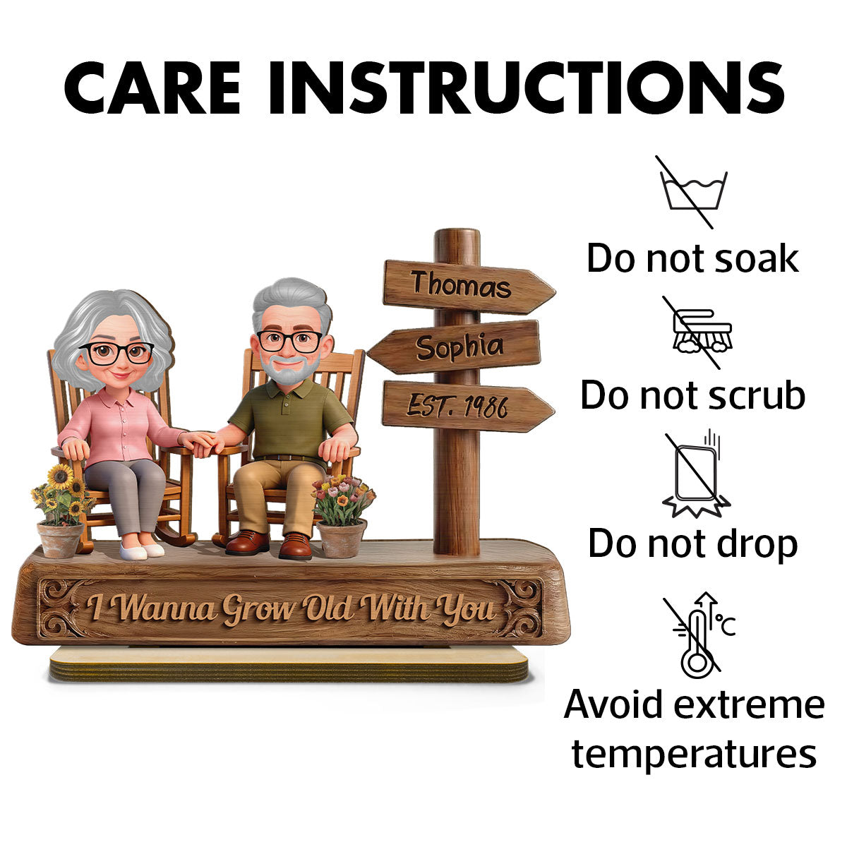 Old Couple Sitting On Rocking Chair By Sign Post 2D Flat - Personalized 2-Layered Wooden Plaque