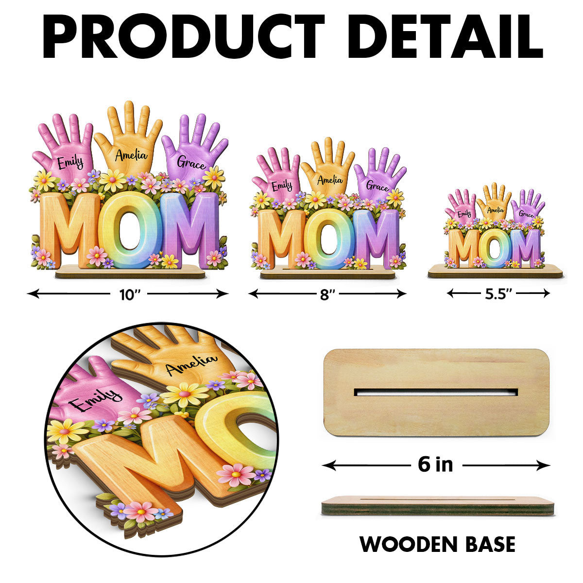 Mom And Kids Hand Print - Personalized 2-Layered Wooden Plaque - Heartfelt Mother's Day Gift for Mom, Wife