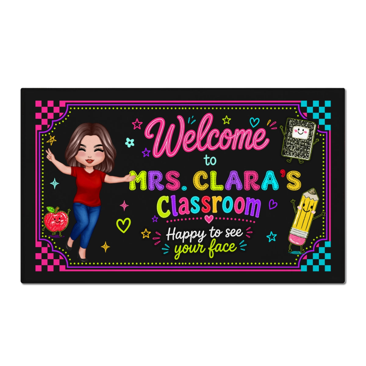 Happy To See Your Face Happy Teacher Preppy Neon Theme - Personalized Doormat - Classroom Students Welcome Decor