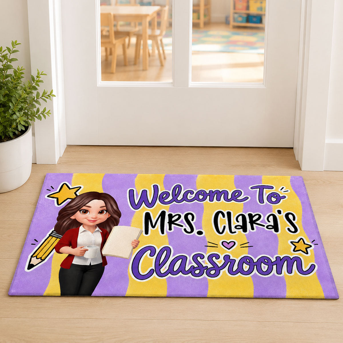 Striped Teacher Welcome To Classroom - Personalized Doormat - Back To School Gift, Classroom Decoration