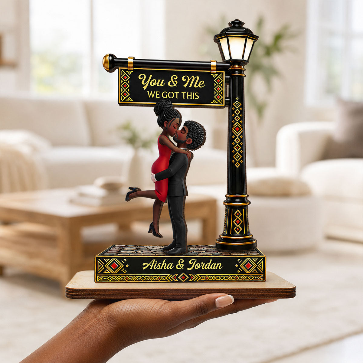 Everlasting Love Couple Together Tribal Pattern Lamp Post - Personalized 2-Layered Wooden Plaque - Anniversary Gift For Couple