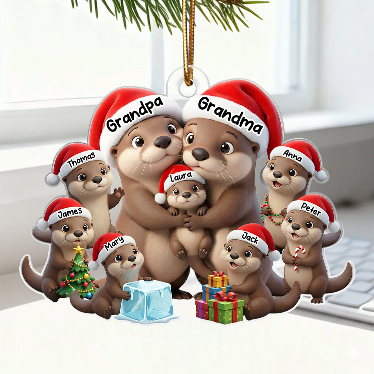 Otter Grandma Grandpa And Grandkids - Personalized Acrylic Ornament - Heartwarming Christmas Gift For Grandma, Grandpa, Family