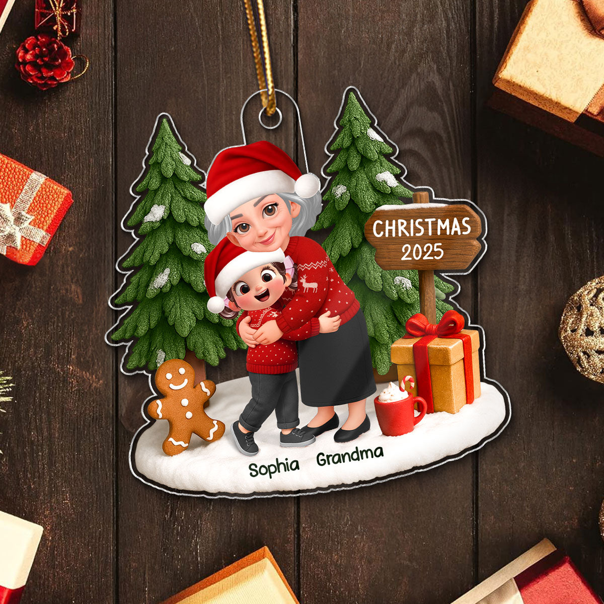 3D Effect Grandma Hugging Grandkid Festive Christmas - Personalized Acrylic Ornament - Gift For Grandkids