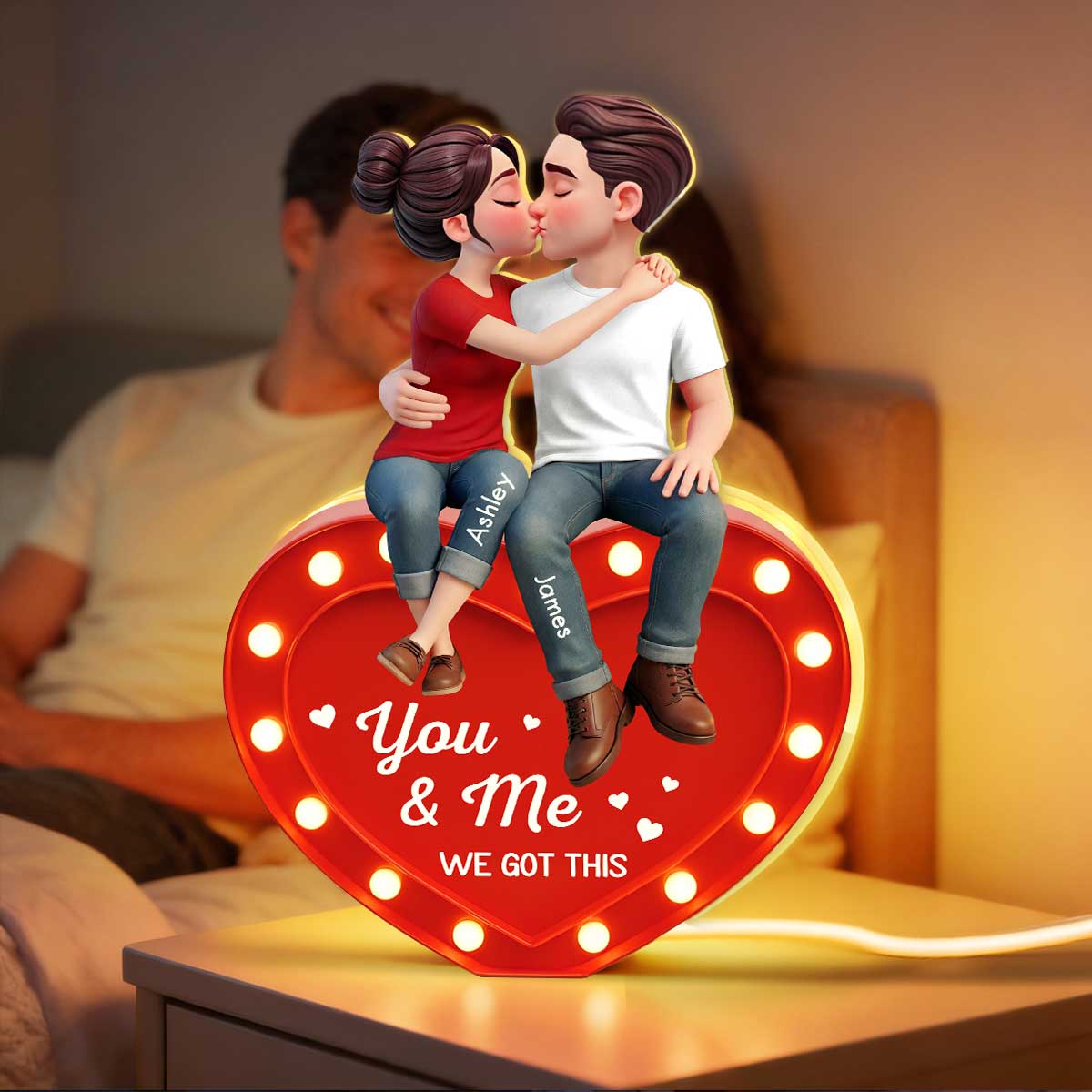 Everlasting Heart LOVE Couple Sitting Kissing - Personalized Light Box - Valentine's Day Gift For Couple, For Him, For Her