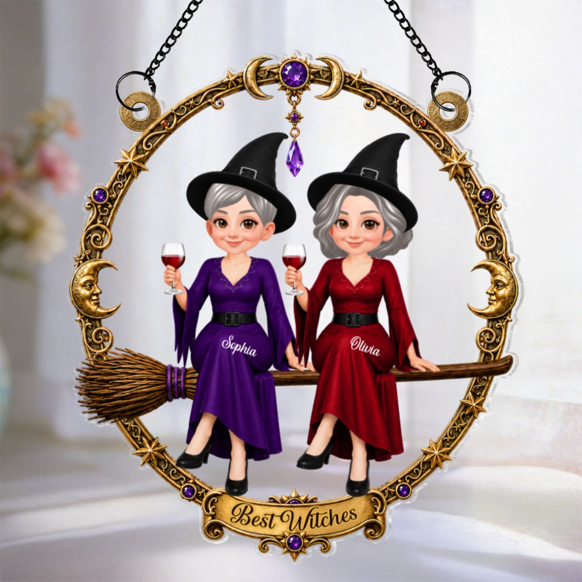 Besties Witches Sitting On Broom - Personalized Acrylic Window Hanger - Halloween Decoration