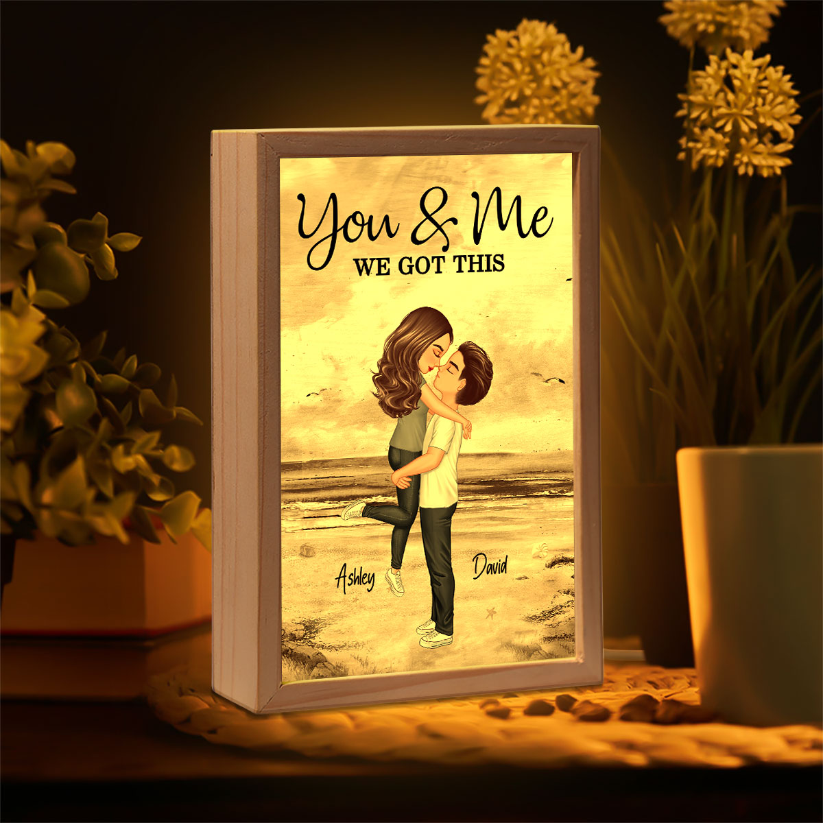Retro Vintage Couple Hugging Kissing Beach Landscape Personalized Wooden Frame Light Box