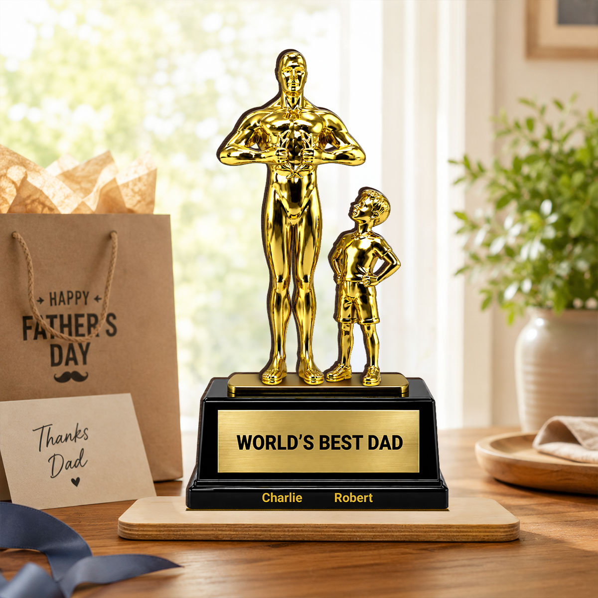 World's Best Dad Trophy - Personalized 2-Layered Wooden Plaque -  Gift for Dad, Husband