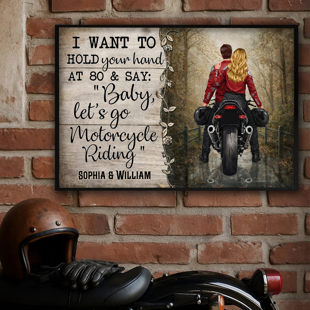 Hold Your Hand at 80s and Go Motorcyle Riding Biker Couples - Personalized Poster - Anniversary Gift for him, for her