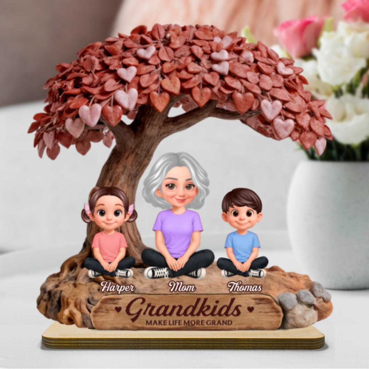 Grandma And Grandkids Under Heart Tree - Personalized 2-Layered Wooden Plaque - Gift For Grandma