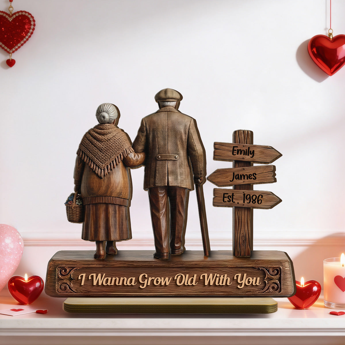 Old Couple Walking Side By Side Sign Post 2D Flat - Personalized 2-Layered Wooden Plaque